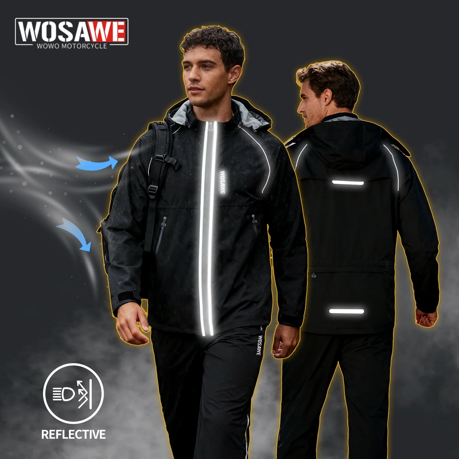 

WOSAWE New Upgrade Riding Clothes Raincoat Black Motorcycle Rider Raincoat Split Type 2pcs/Set Breathable Outdoor Rainproof Coat
