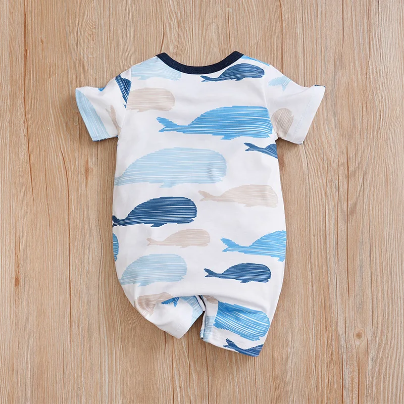 Summer newborn short sleeved jumpsuit 0-36M cute whale round neck simple style, comfortable and breathable for baby boys and gir