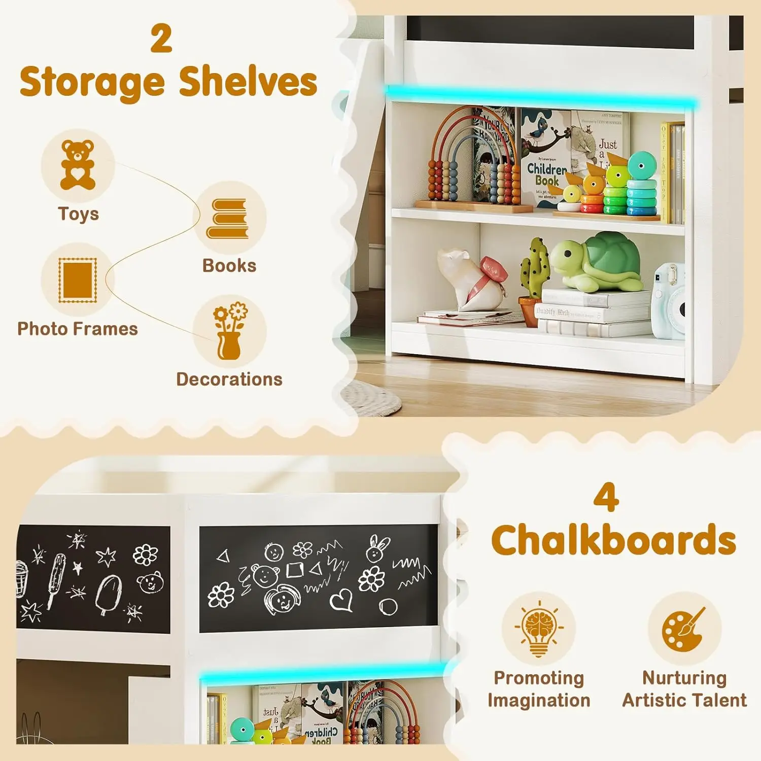 سرير خشبي مزدوج مع أضواء LED، سلم، سبورة وتخزين، أبيض