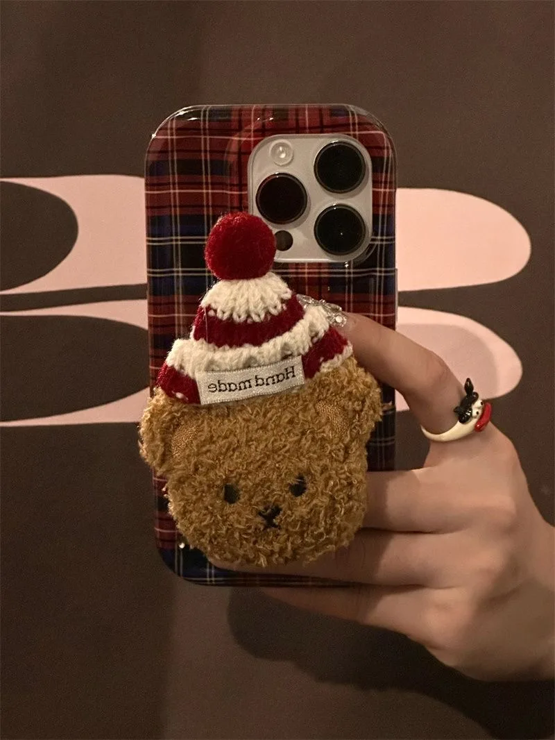 Ins Cute Cartoon Christmas Bear Pedant 14 15 Pro Max iPhone Case For 12 13 Mini 11 Flurry Red Apple XS XR X Plaid Phone Cover