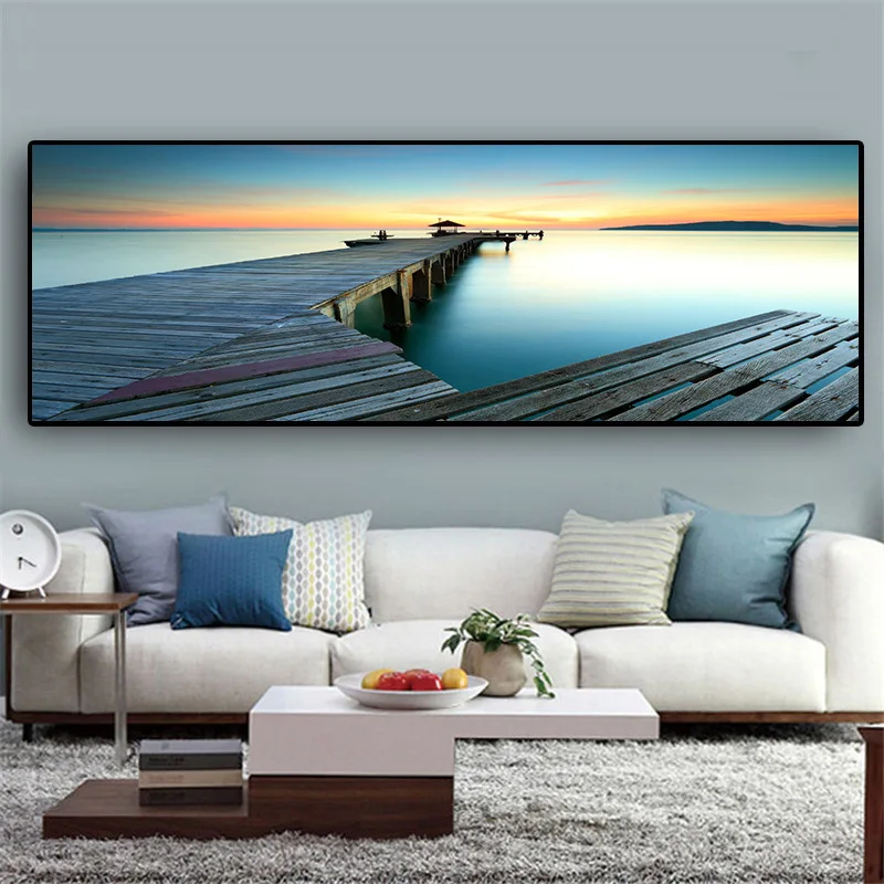 Landscape Art Morning Lake and Wooden Bridge Canvas Painting Mural Poster Wall Art Pic Living Room Modern Decorative Painting