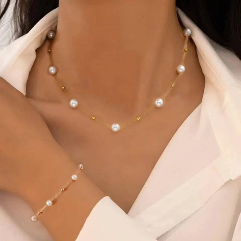 

2 Pcs Exquisite Gold Color Bohemian Jewelry Set for Women Fashion Pearl Cross Pendant Necklace Bracelet Set Casual Jewelry Gifts