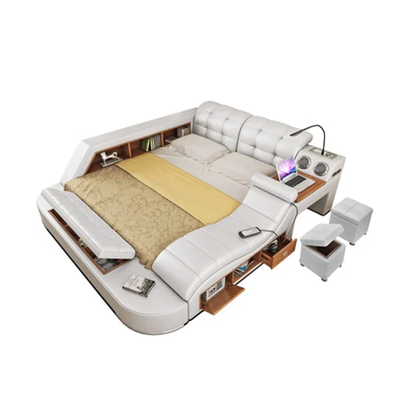 Genuine leather bed intelligent massage tatami bed multifunctional modern minimalist 1.8-meter software