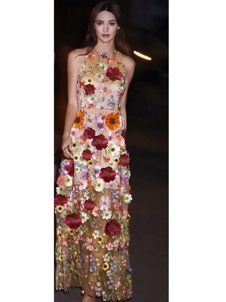 

Fairy Flower Dress Women High Fashion Sleeveless O Neck Embroidery Flowers Maxi Long Birthday Celebrity Evening Party Prom Gowns
