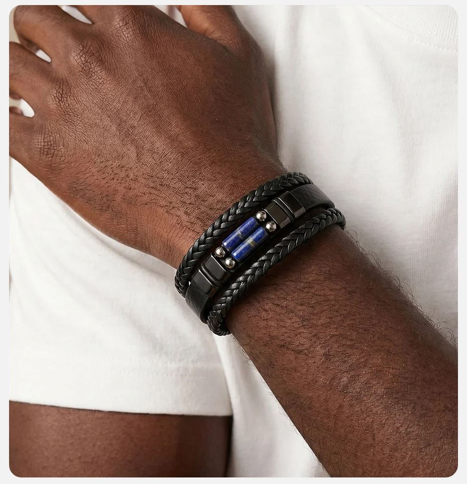 Vnox Herren-Lederarmband, Naturstein, Perlen, geflochten, mehrschichtig, Armband mit Magnetverschluss, Punk-Schmuck, Geschenk für Vater, Sohn, Ihn – Detail 3