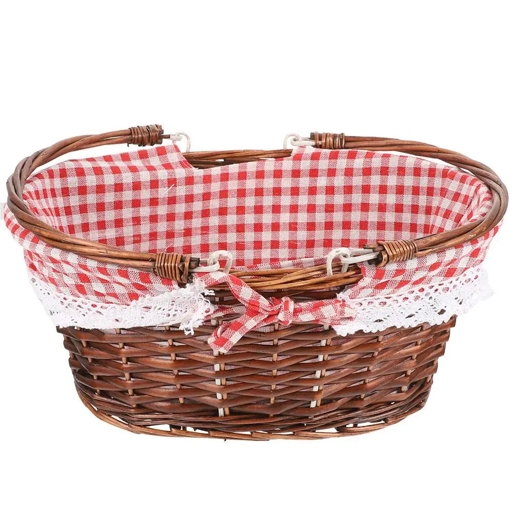 

Woven Picnic Basket 32x25x14cm Brown Red Check Storage Basket for Home Decor Vegetable Fruit Container Handle