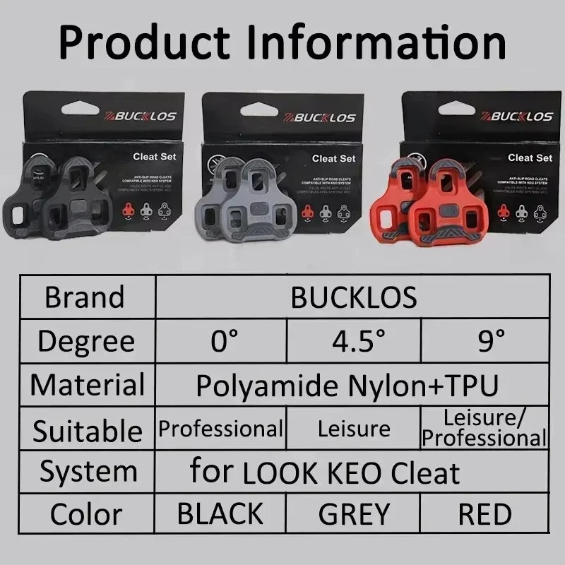 BUCKLOS for KEO Bike Cleats for LOOK KEO Road Bicycle Pedals Cleat Self-locking Cycling Shoes Cleats 0/4.5/9 Degree Pedal Clip
