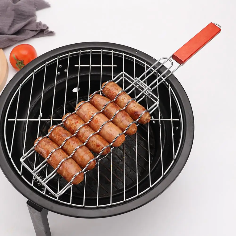 Portable Sausage Grill Rack Stainless Steel Expandable Grill Basket with Handle Hot Dog Sausage Bbq Rack Portable Rust-resistant