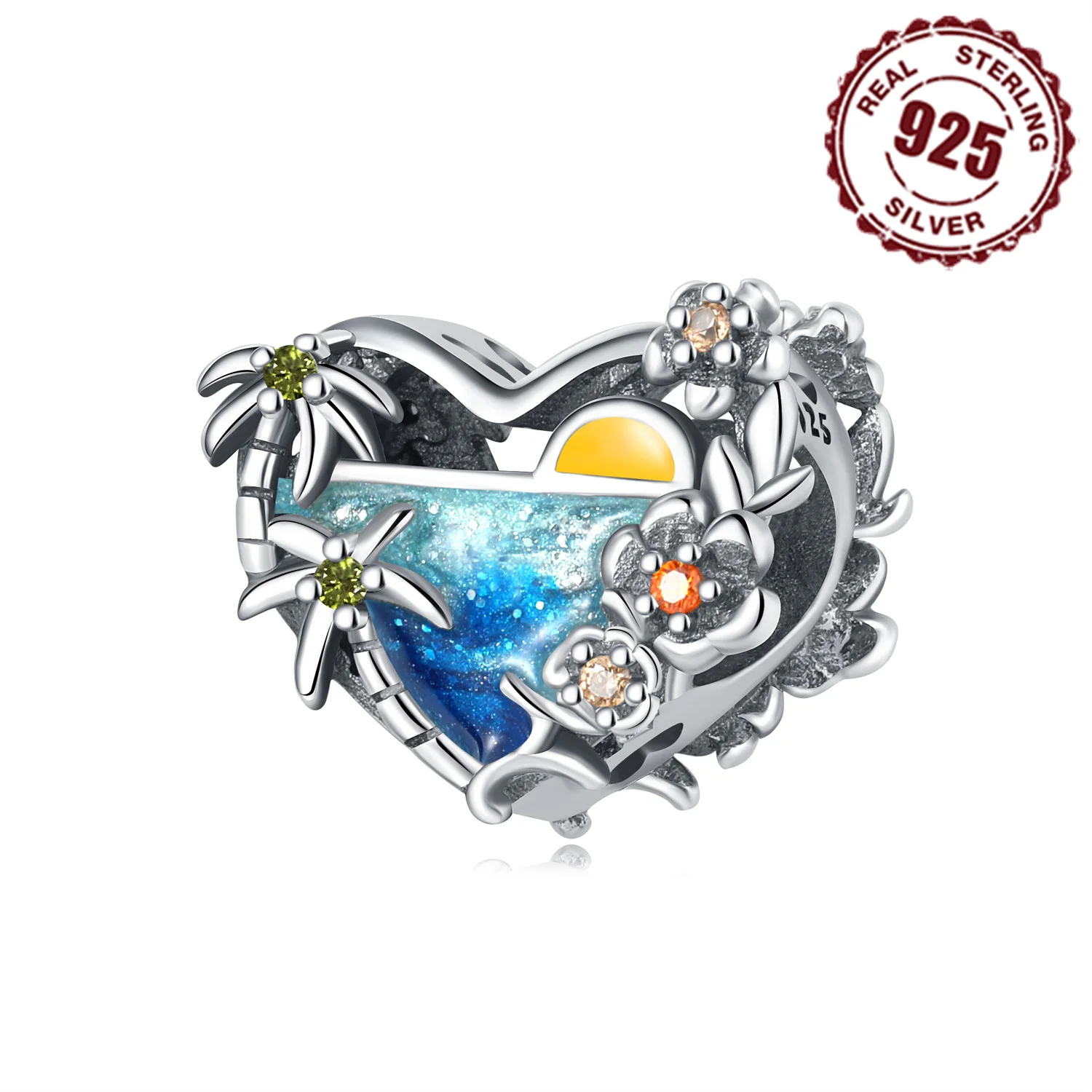 

Real 925 Sterling Silver Heart Shaped Sunrise Pendant Beads Fit Original Bracelet For Women Jewelry Fine Gifts Accessory