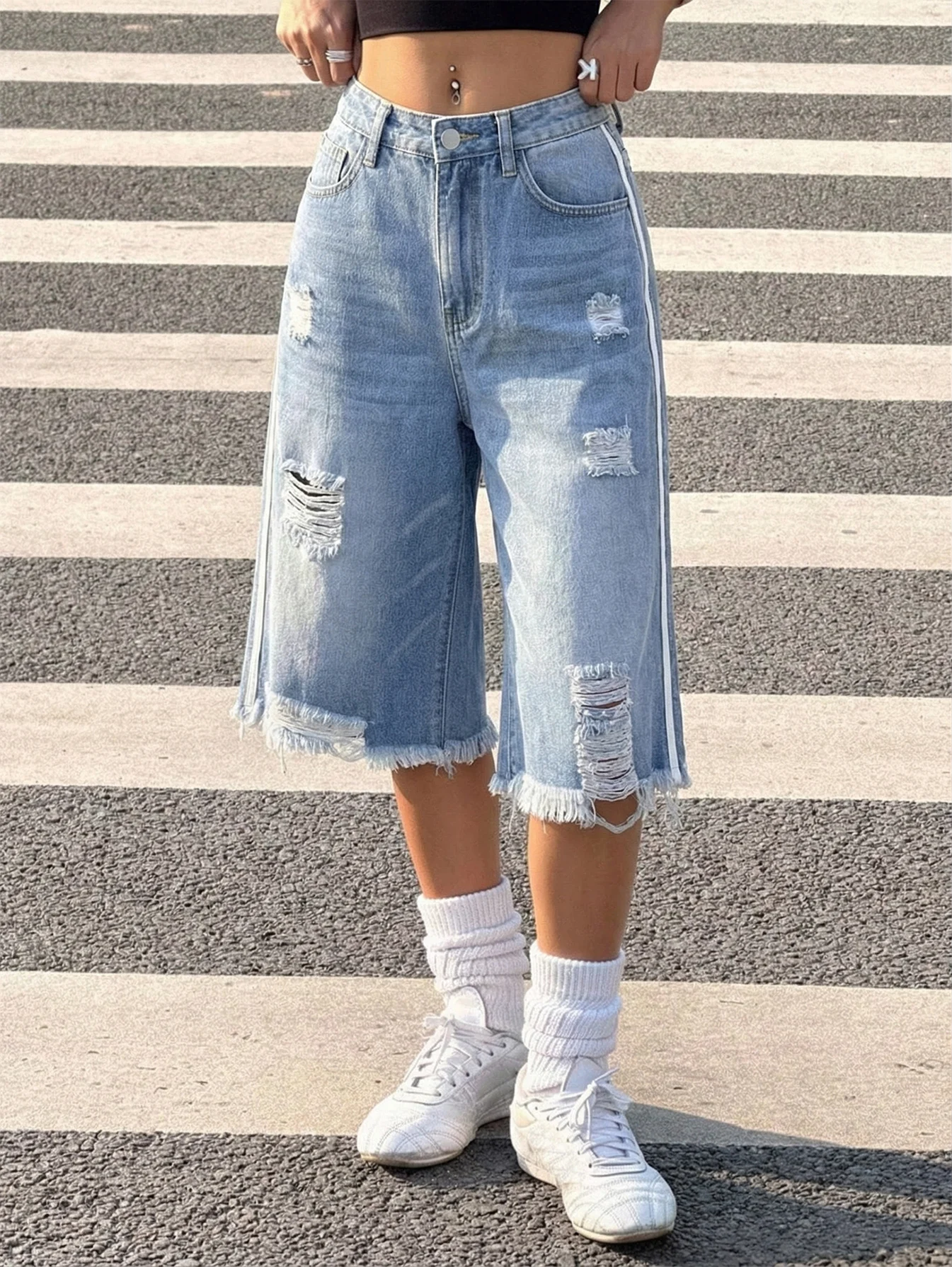 Distressed Jean Rip - Pantalones cortos de mezclilla para mujer,