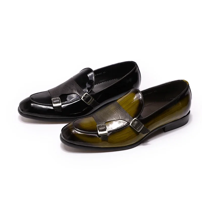 FELIX CHU Men\'s Patent Leather Loafers Black/Green Monk Strap Slip-On Shoes for Wedding Party Dress Casual Fashion