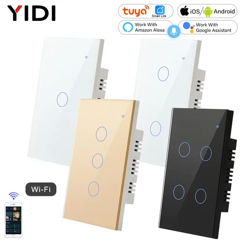 Interruptor de luz táctil inteligente para pared, dispositivo de 2, 3, 4 o 2 entradas y 3 vías con WiFi neutro, compatible con EE. UU., Tuya, Australia, Brasil, Android, RoHS y Alexa