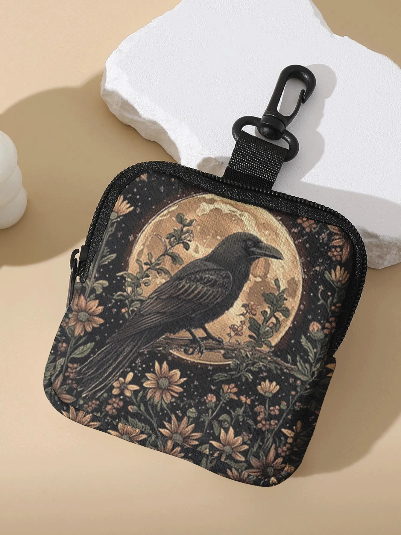 1pc, Portable coin purse with crow full moon wildflower vintage patterns, small storage bag for coins and small accessories