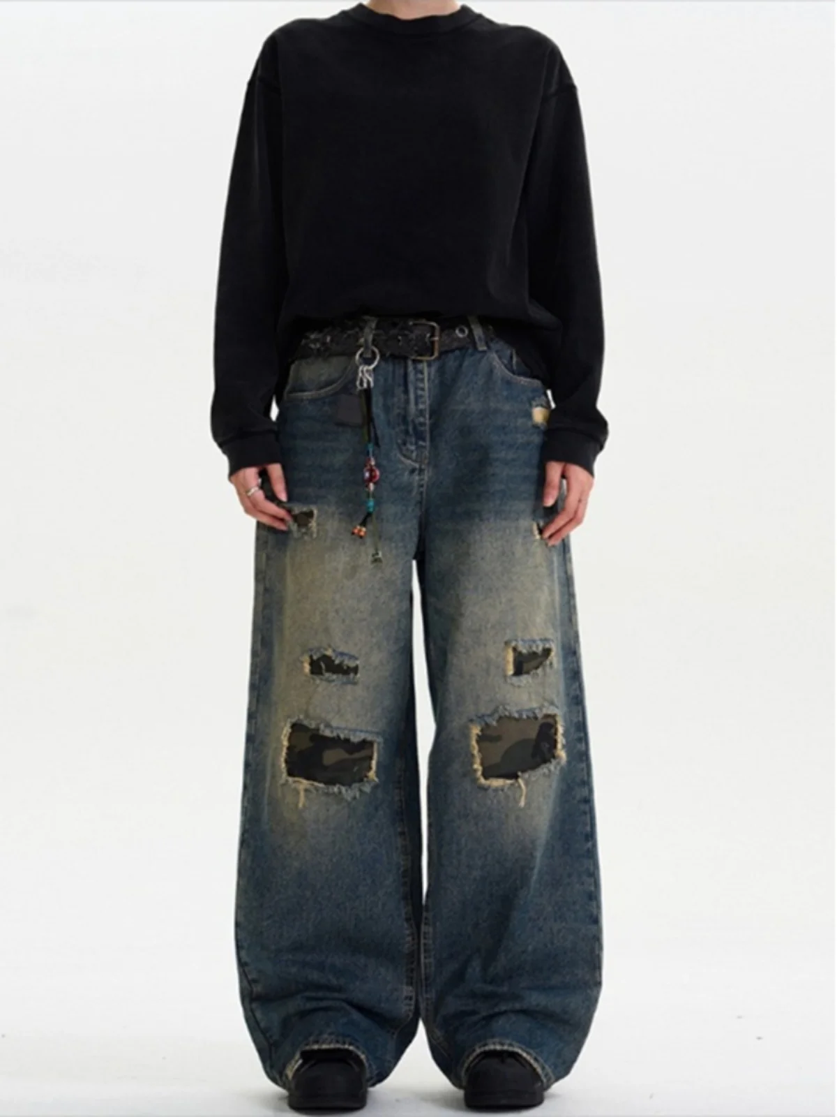 

Ретро-джинсы в американском стиле для мужчин: камуфляжные, с заплатками и прорезями, прямые, модные, молодежные, повседневные, весенняя коллекция