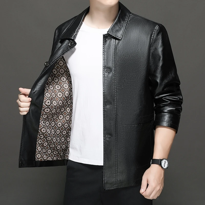

M-7XL Leather Jacket Men's Motorcycle Jacket Men's Flip Collar Business Plush Thickened Leather Coat Motorbike Jacket