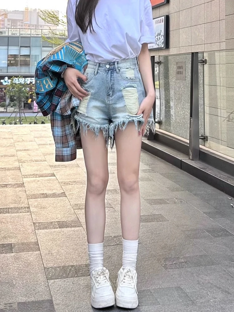 

High Waist A-Line Denim Shorts for Women Summer New Style Loose Fit Slimming Cut-Offs Distressed Jeans High Waist Shorts