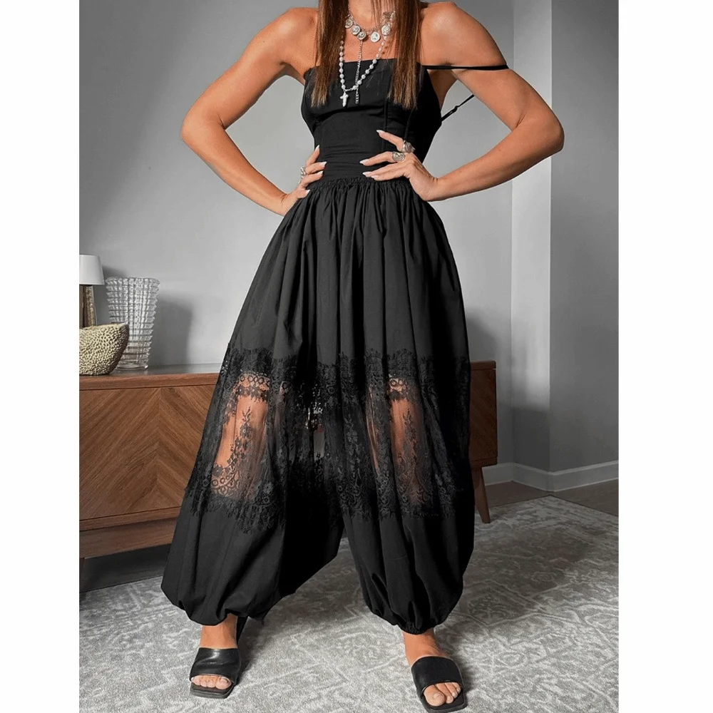 Current Season Style Lace Spliced Pants Elastic Cuff Hem Loose Fit Cut Women Jogger Pants Lace Stitching Detail