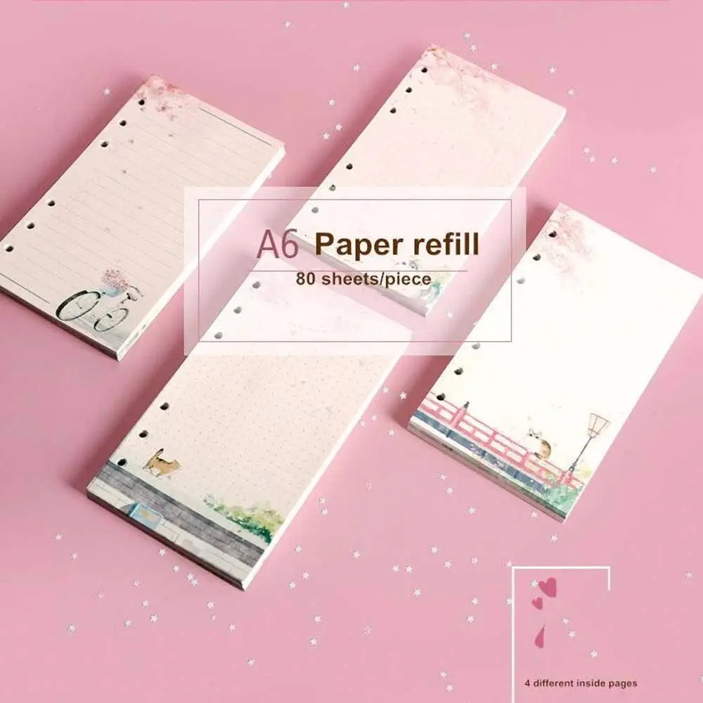 New 80 Sheets Kawaii Sakura And Cat A6 Loose Leaf Notebook Refill Spiral Binder Inner Pages Line Grid Blank Agenda