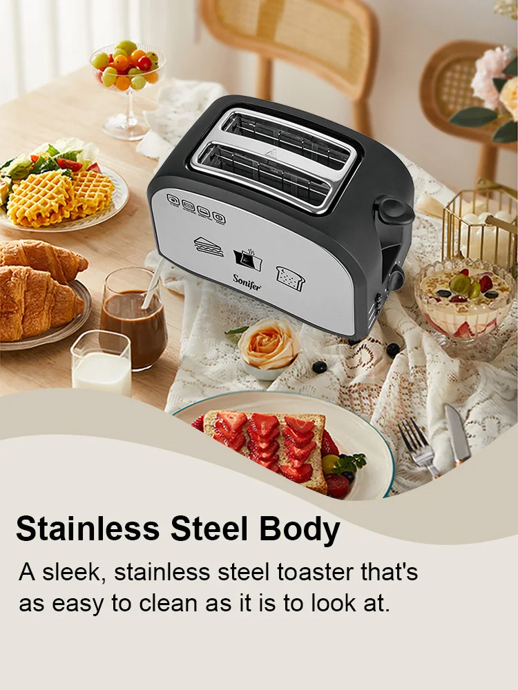 Toaster Sonifer SF-6179 800W Stainless Steel Bread Toaster 6 Browning Levels Wide Slot Defrost Reheat for Home Breakfast