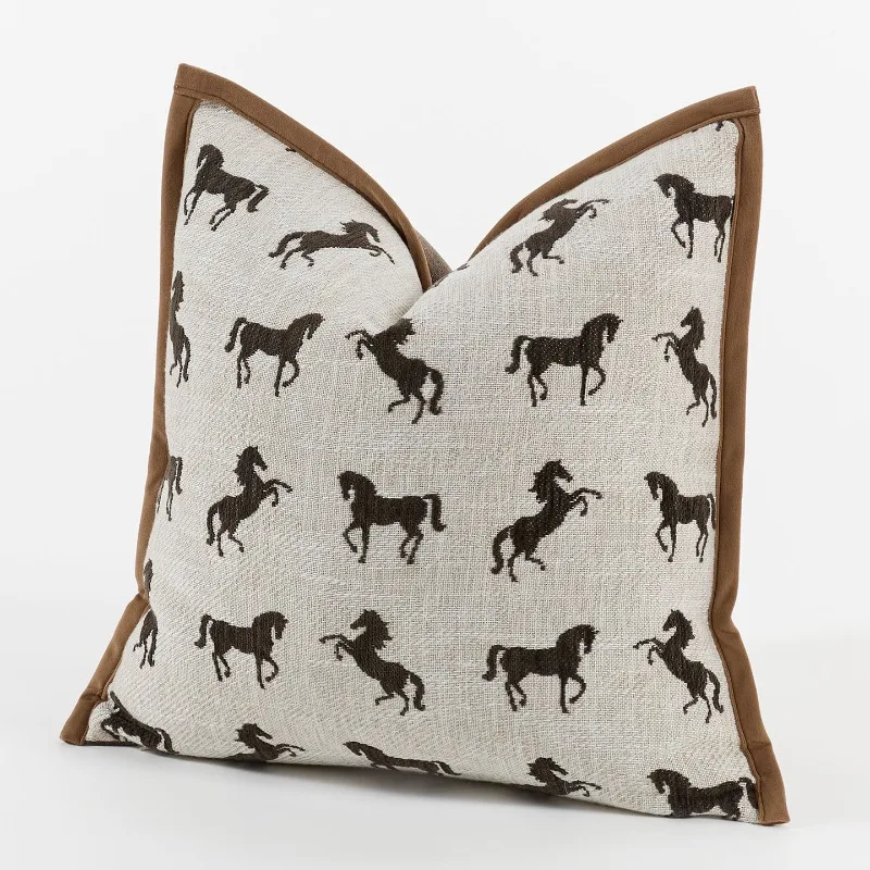 

Modern luxury Horse jacquard Cushion Covers Pillow Case Beige Brown Trim Cotton Linen Farmhouse Vintage Home Decor for Sofa