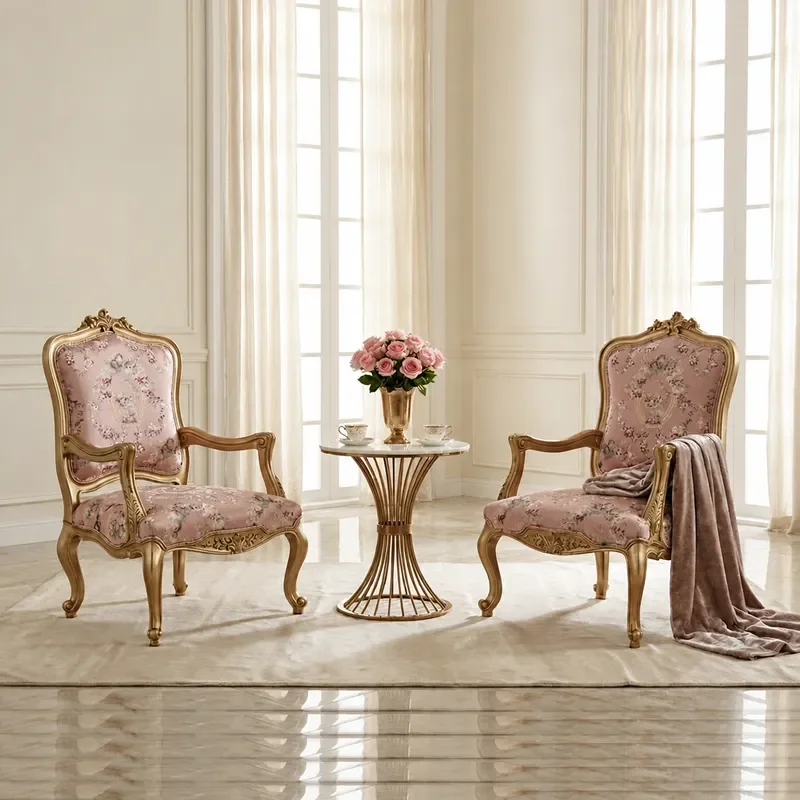American Neoclassical Solid Wood Carved Sofa Chair Pink Embroidered Fabric Hotel Reception Lounge Chair Gold Accent Furniture