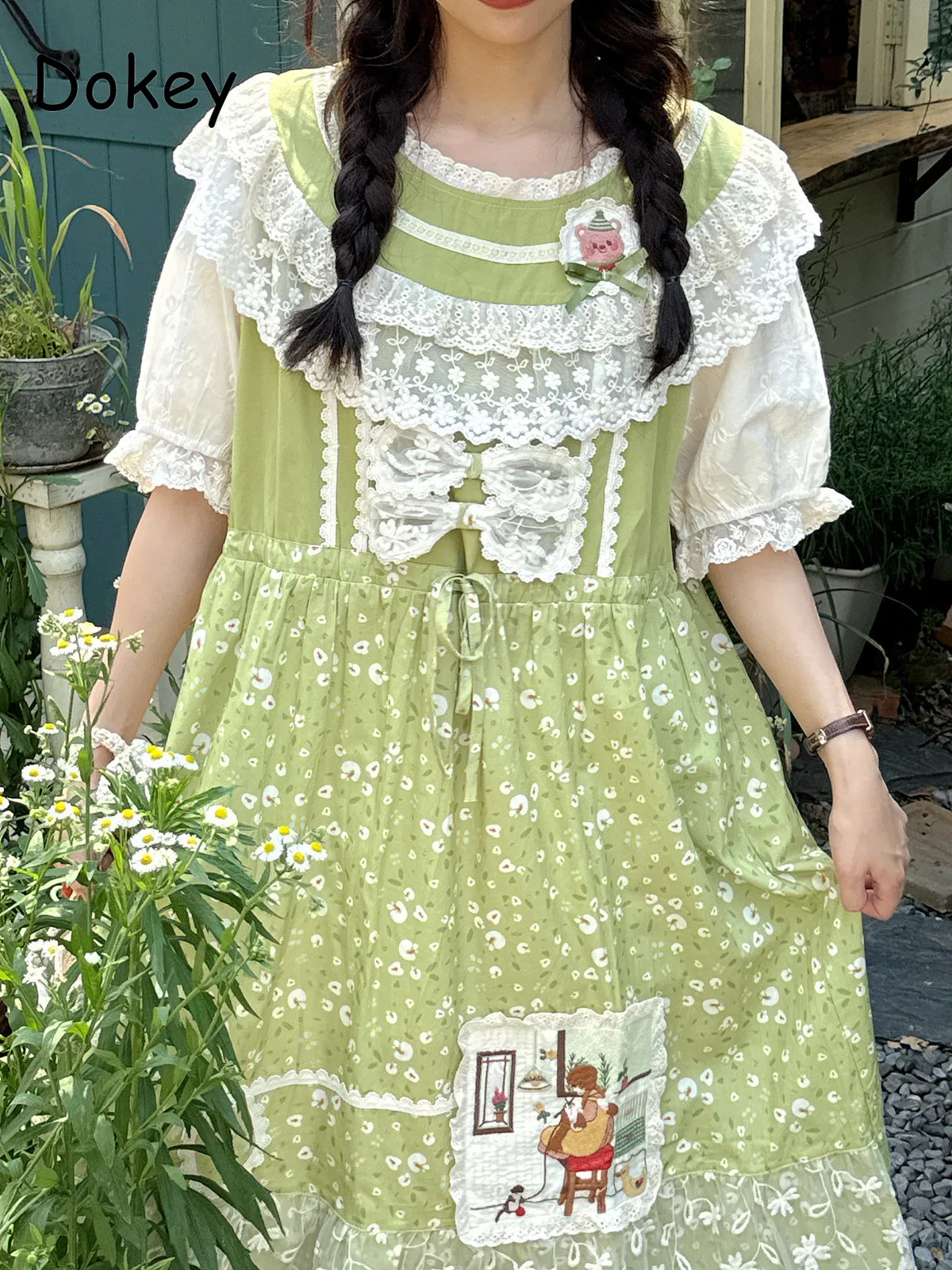 

Винтажное японское кружевное кавайное платье с рюшами, женское летнее платье Mori Girl с цветочным принтом, хлопковое льняное зеленое платье, повседневное свободное платье, Vestidos