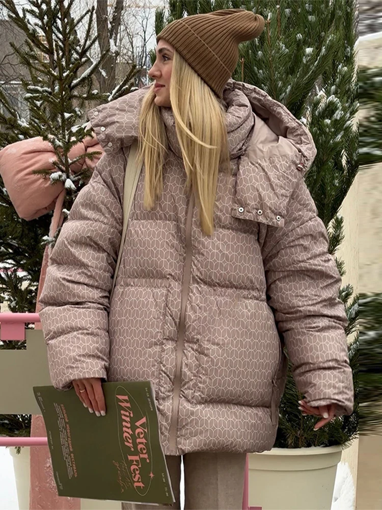 

Casual Hooded Padded Jacket Women's Full Sleeve Zipper Loose Printing Warm Coats 2025 Autumn Winter New Lady Fashion Outwears