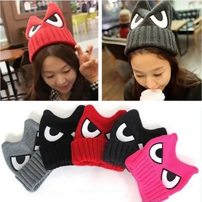 

Autumn and Winter Men and Women's Big Eyes Demon Horn Ears Knitted Hat Cold and Warm Woolen Fashion Hip Hop Hat Bean Hat