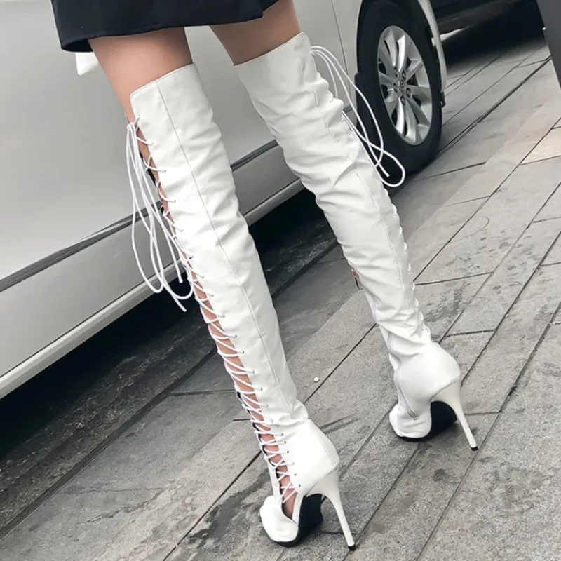 2024 Open Toe White Women\'s Over The Knee Boots Sexy Stiletto Heels Lace Up Knee High Boots Fashion Cross Tied Catwalk Boots