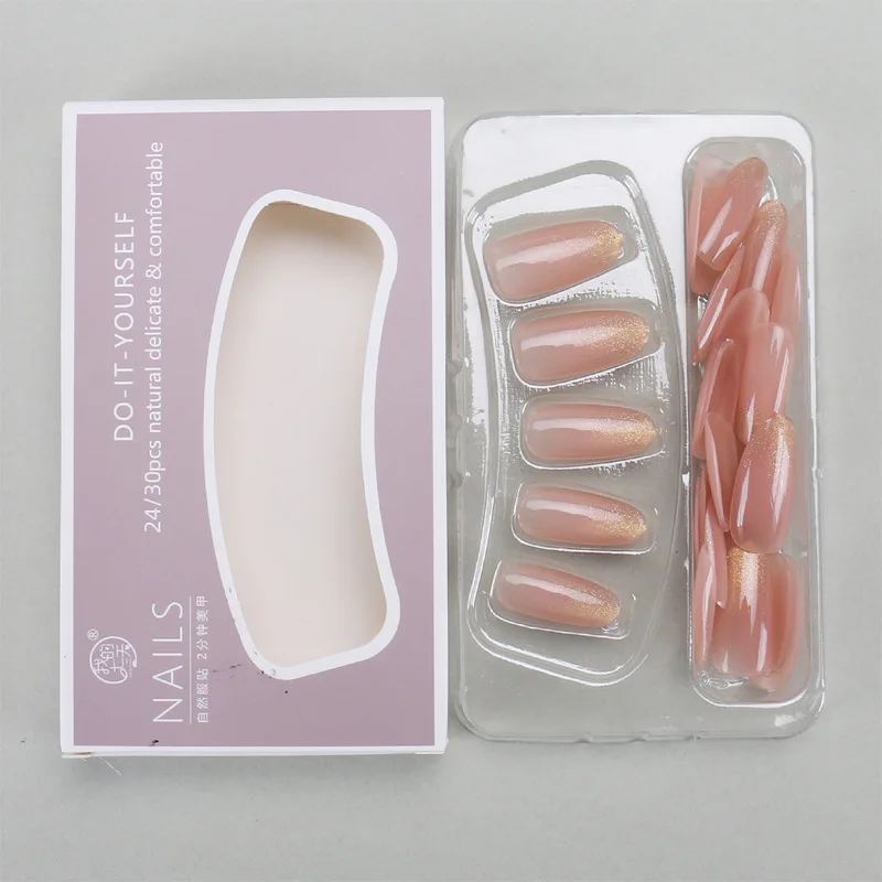 24 pçs imprensa francesa no prego ouro em pó explosão flash unhas falsas artificiais sem costura removível unhas falsas