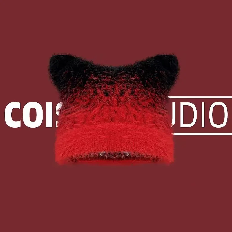 Fashion Gradual Change Color Pullover Beanies Cap Y2K Autumn Winter Leisure Warm Personality Cat Ear Design Knitted Hats Women