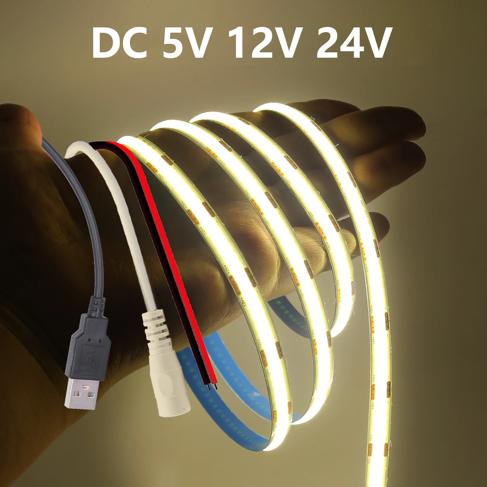 5V 12V 24V COB LED Strip 8mm PCB 320LEDs/m Warm Natural White Red Green Blue Pink TV Backlight Flexible Tape Rope LED Lighting