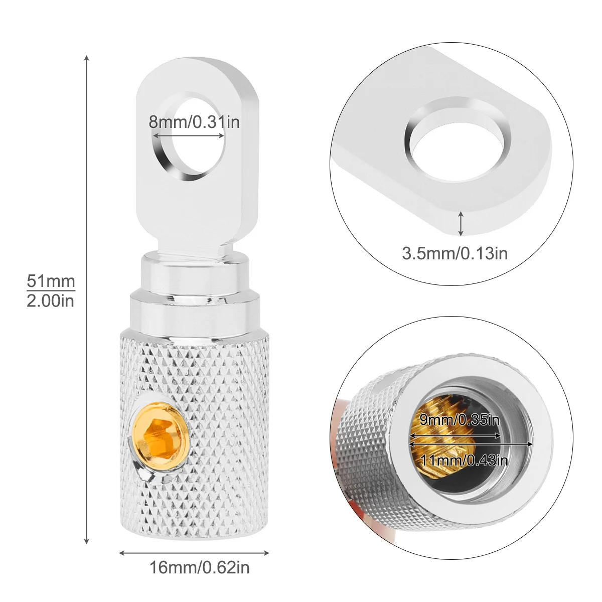 4 Gauge Brass with Nickel  Plated Ring Set Screw Battery Ring Terminals Amp Input Reducers for 4 - 6 Gauge Wire Applications