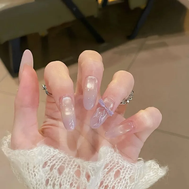 24 Pcs Purple Cat Eye Gradient Summer Fake Press on Nails Cheap 3D Bowknot Artificial Adhesive False Nails Korean Nail Art 2026