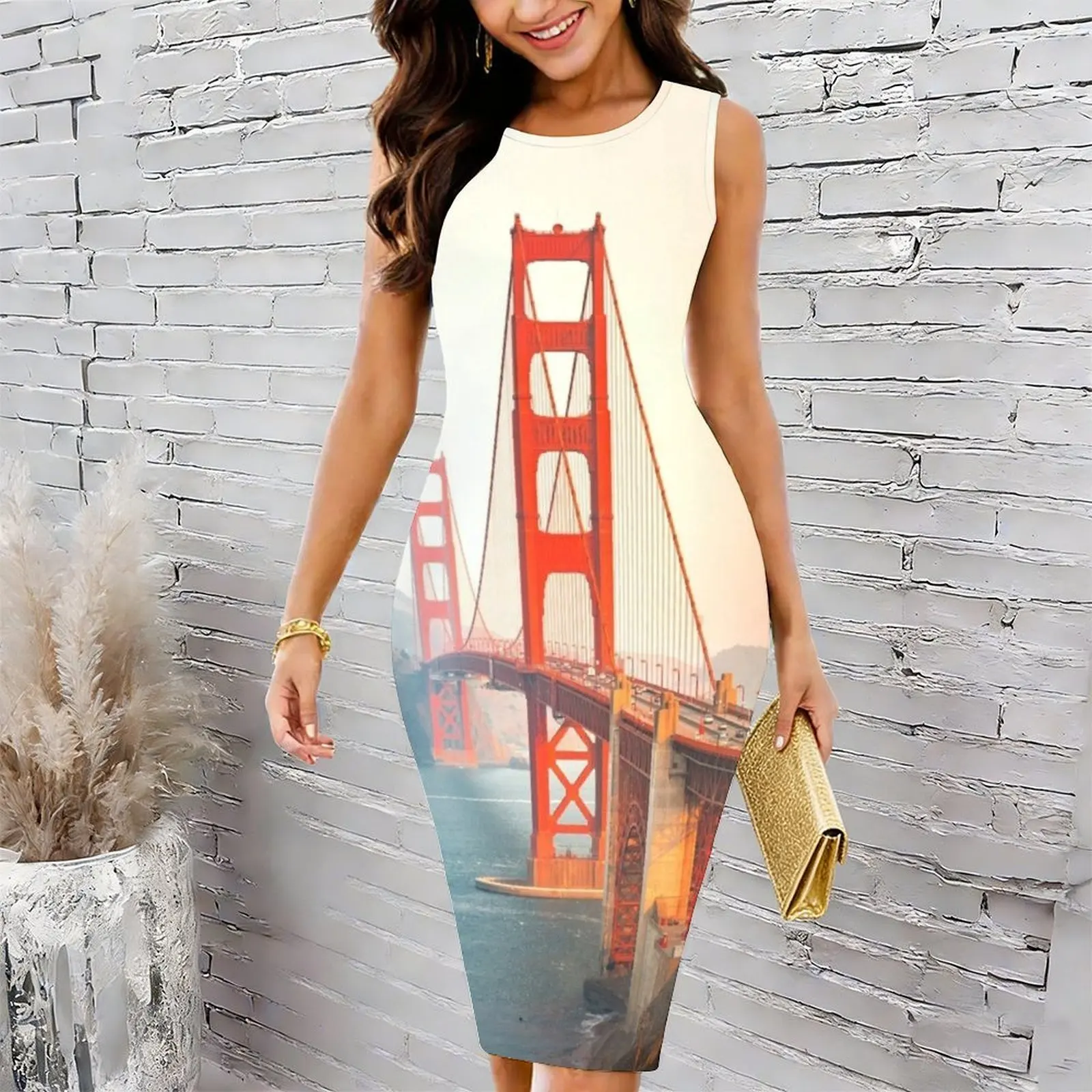 WATERSCAPES #34 - Golden Gate Bridge Between Two Trees Women's Round Neck Tight Hip Wrap Skirt