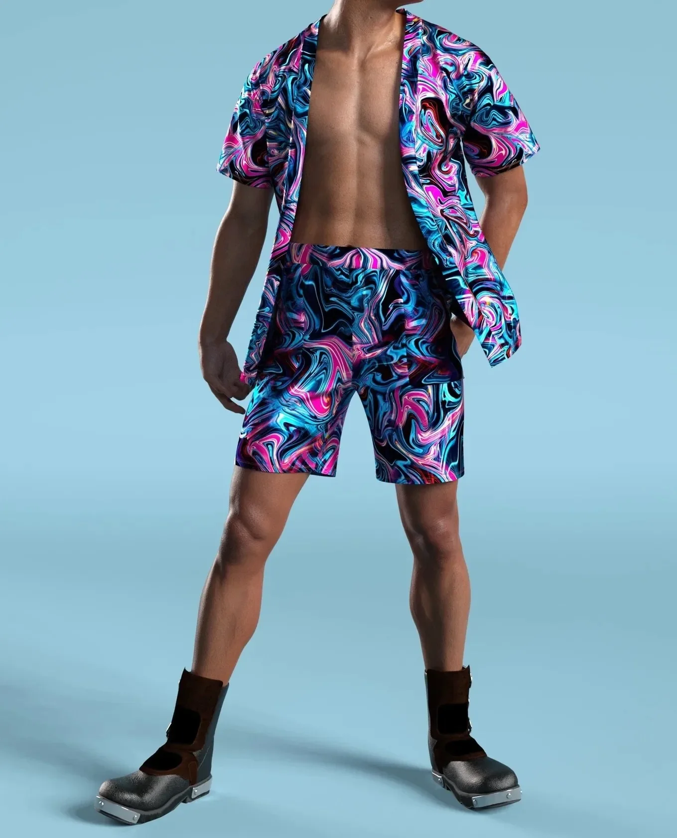 Transwarp-Ensemble chemise et short décontractés pour hommes, costume imprimé art, vêtements d'été décontractés, vêtements de danse, fête d'impression proximative, Rave Party