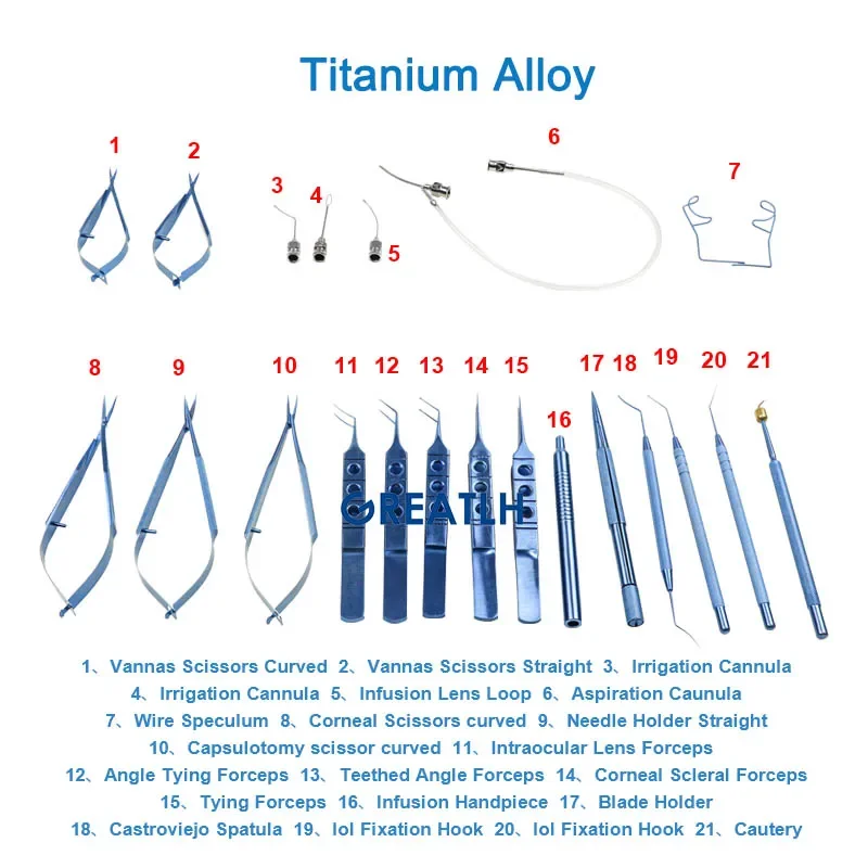 21pcs Ophthalmic Cataract & Intraocular Set Surgical Tool Eye Micro Surgery Tools Titanium Alloy Eyelid Ophthalmic Instrument