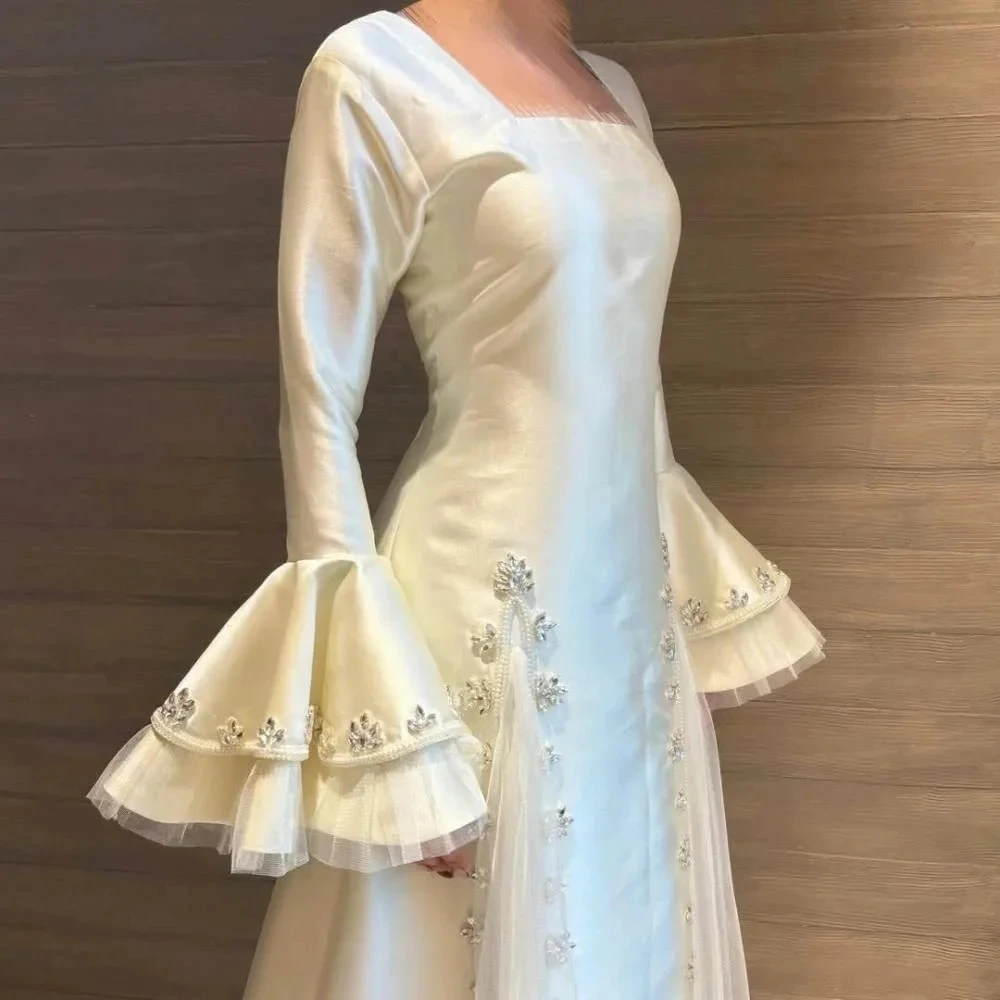 

Square Neck Elegant Evening Dress Formal Satin Beading Bright Flare Sleeve Silky Church Style Gown Customizable