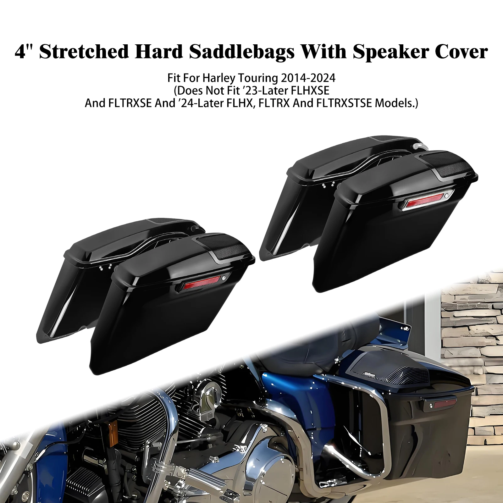 

Motorcycle 4" Stretched Saddlebag With Speaker Cover Luggage Hard Bags For Harley Touring Road Electra Street Glide FLHR 2014-24