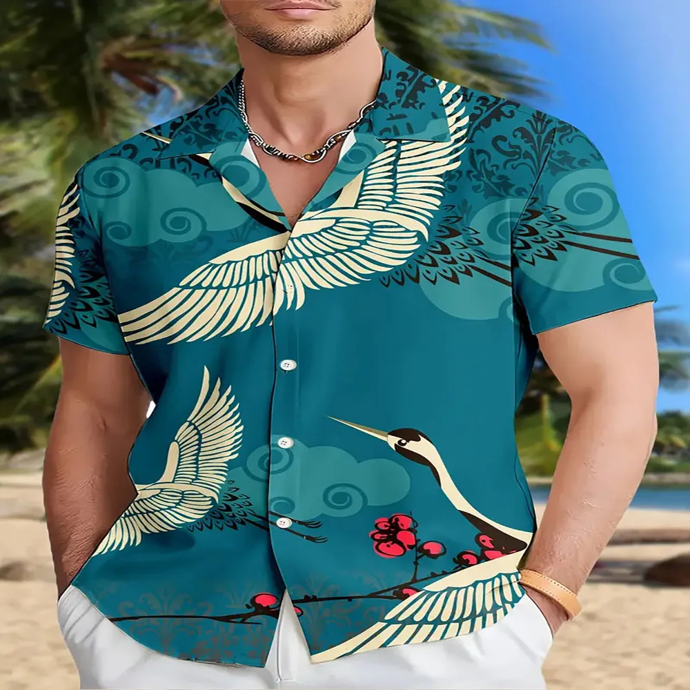 New men's short-sleeved shirt red-crowned crane print summer quick dry button short-sleeved casual high-end button-down shirt