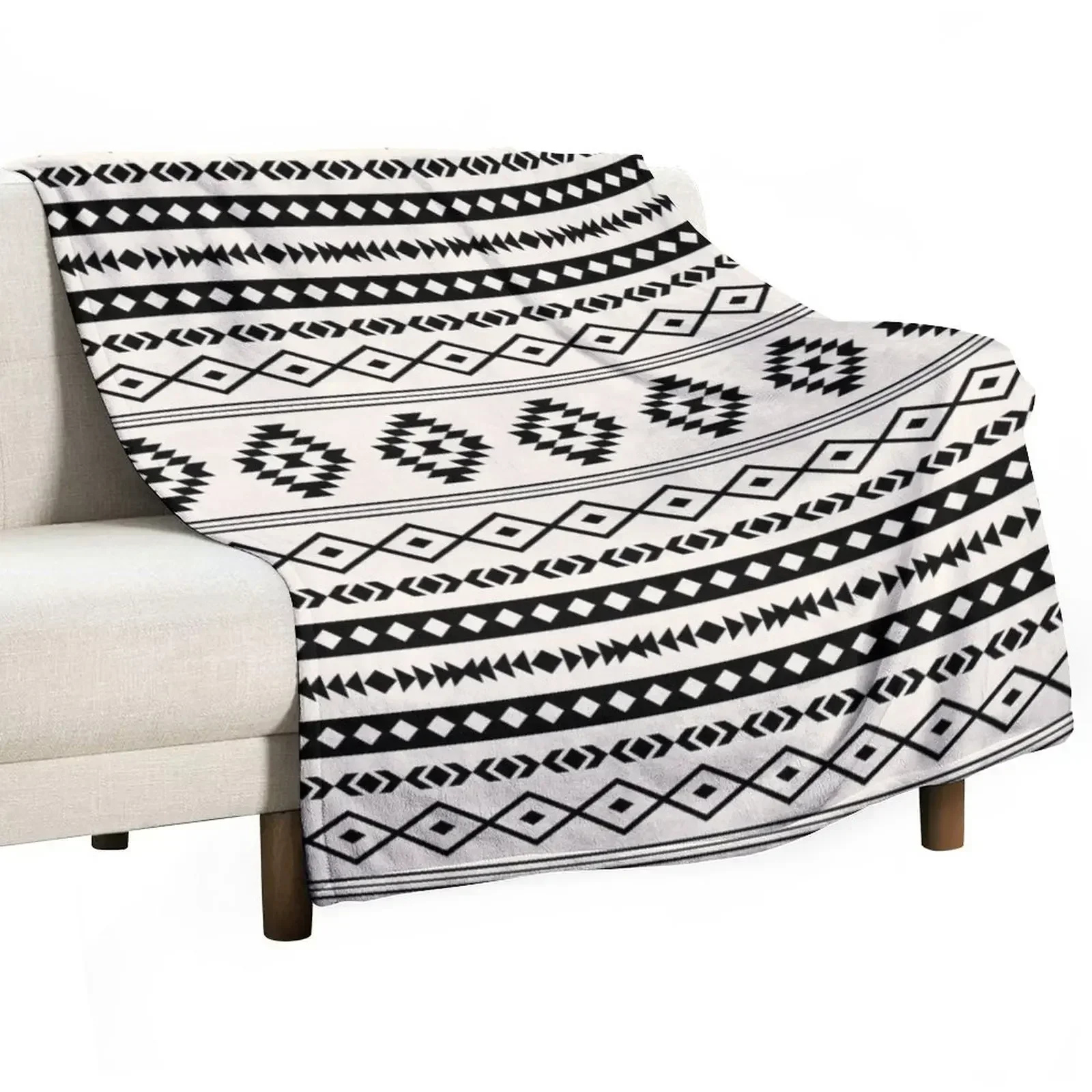 Aztec Black on Cream Mixed Motifs Pattern Throw Blanket Flannel Cute Shaggy Furry halloween Blankets
