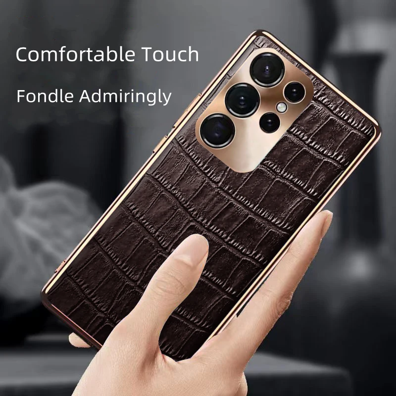 Luxury 3D Texture Genuine Leather Case for Samsung Galaxy S23 Ultra S22 22+ S22U S23+ S23 Gilded Border Protective Cover Funda