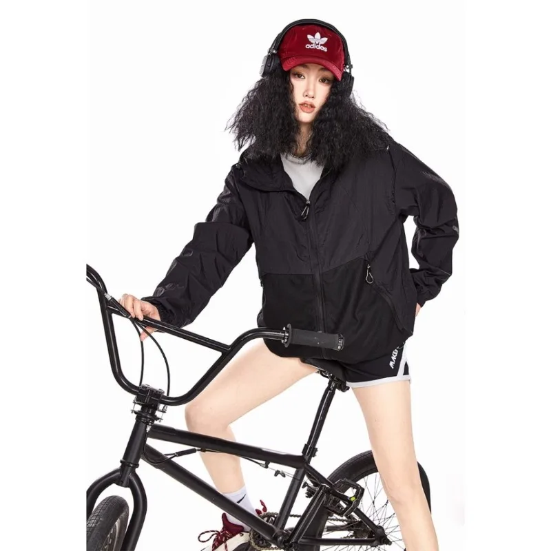 

Hooded Jackets Women Outdoor Loose Sun Protection Summer Thin Breathable Mesh Patchwork Quick-drying American Trendy Sports Tops