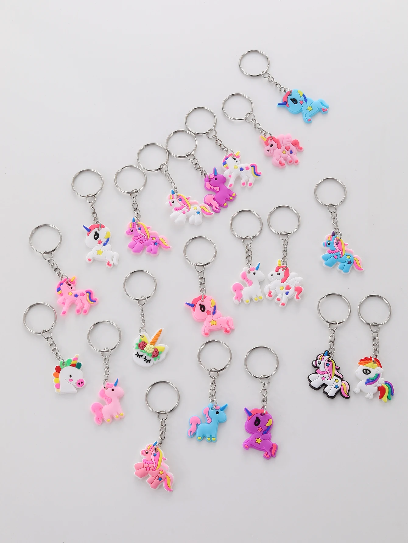 20 pçs unicórnio chaveiro, dos desenhos animados pvc animal chaveiro ornamento carteira saco mochila pingente acessórios festa favores presente