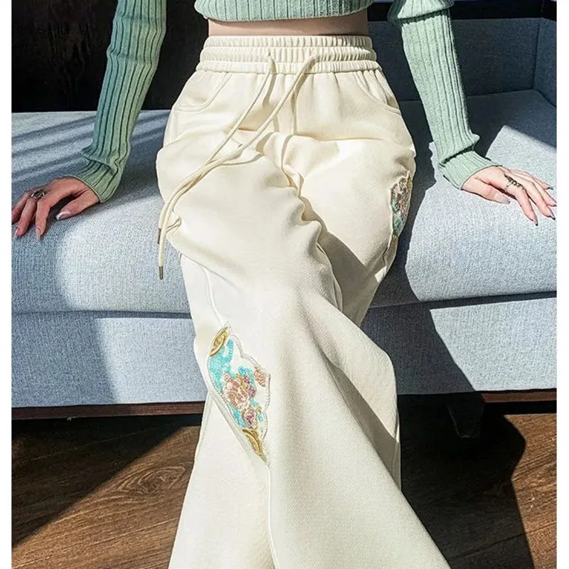 

Spring Autumn Female National Style Narrow Edition Wide Leg Pants 2024 Women High Waisted Straight Leg Trousers Ladies Pantalons