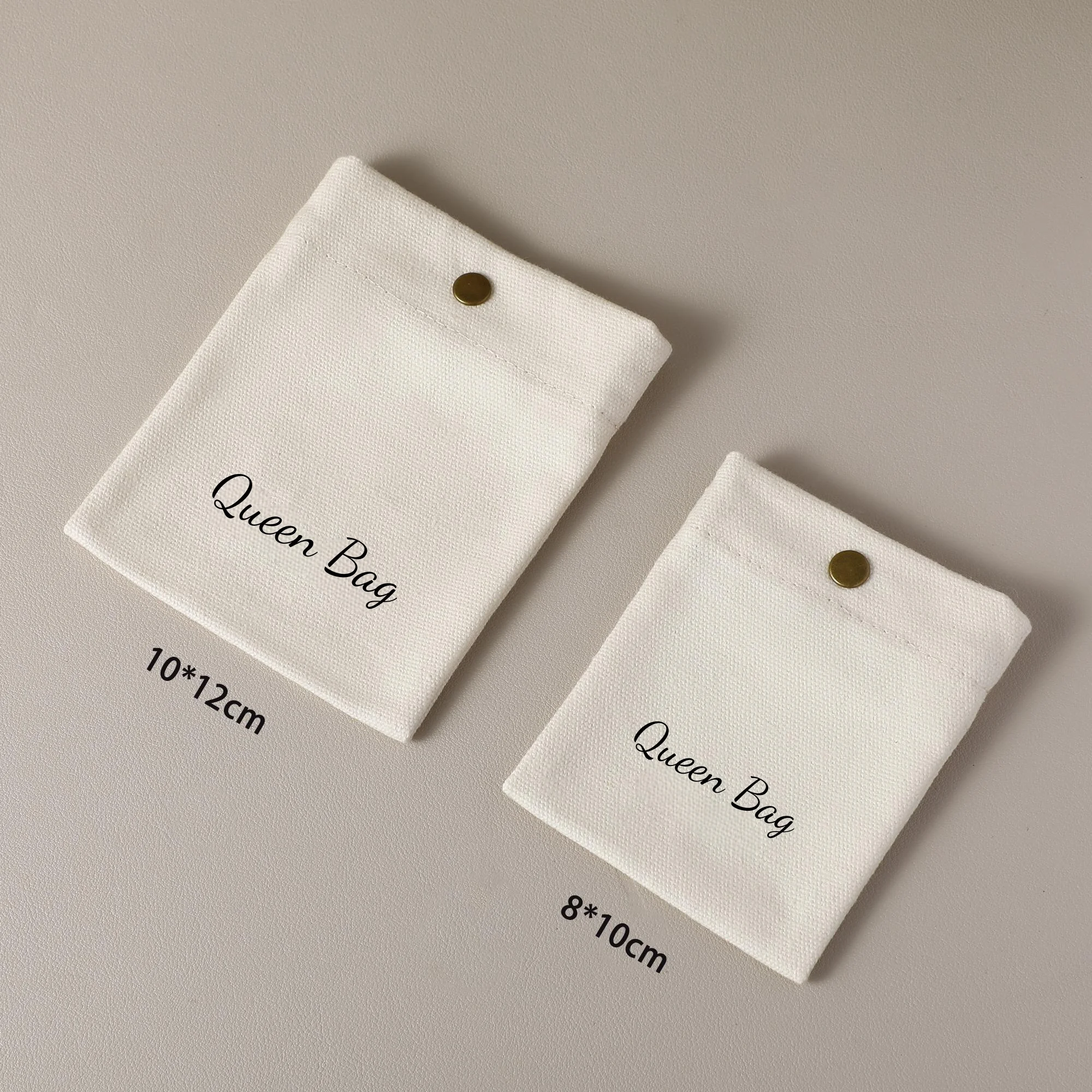 Custom Logo Jewelry Pouch Off-White Cotton Bags with Snap Button Canvas Pouches for Jewelry Gift Bags Packaging