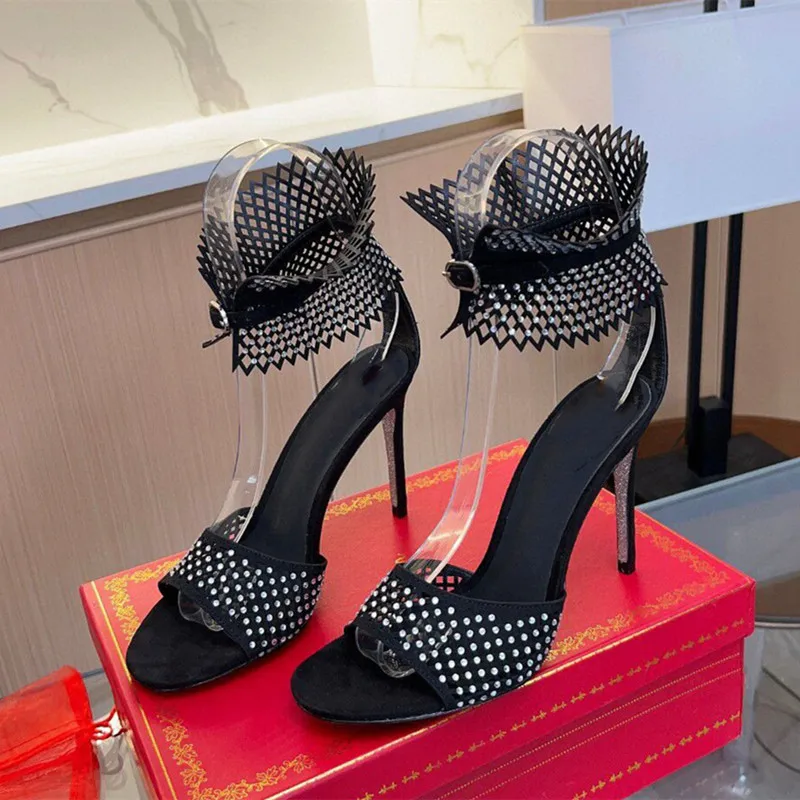 

Summer Fashion Rhinestones Hollow Out Women Gladiator Sandals Sexy Ankle Strap Stiletto High Heels Party Dress Shoes