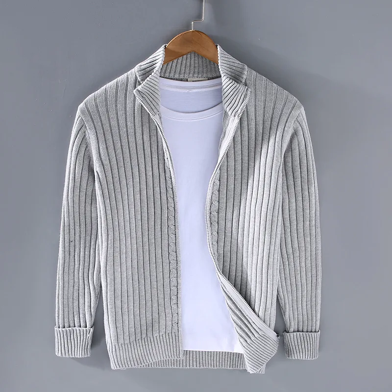 Cardigan de zíper com gola alta masculino, 100% algodão, grosso, malha, monocromático, roupas de rua, novo, outono, inverno