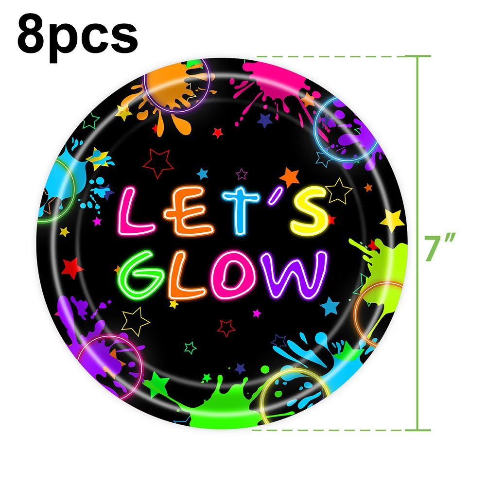 Glow In The Dark Neon party Birthday Decoration Disposable Paper Plates Plastic Tablecothe Latex Balloons Straw Gift Bag Cake