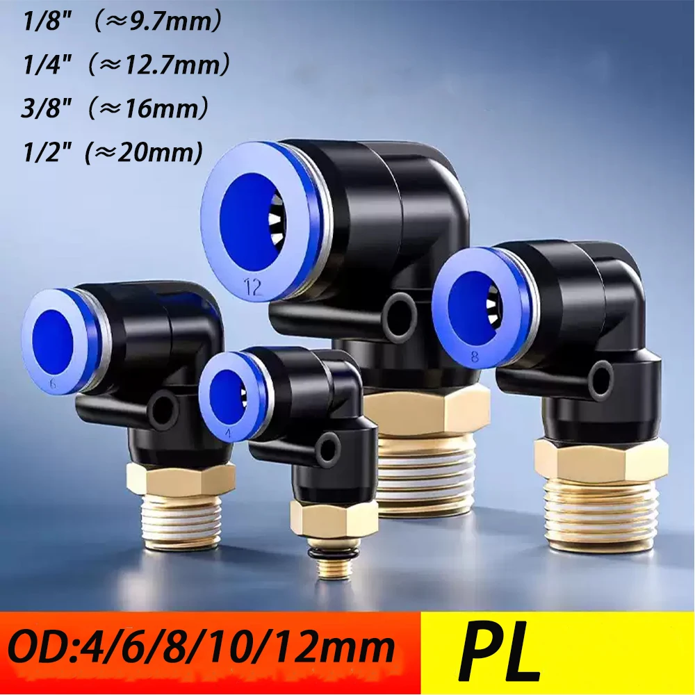 

PL Elbow Pneumatic Fitting 0.8 1/8 1/4 3/8 1/2 PBT Male Thread Air Quick Connector L Shape Push In Hose OD 6mm 8mm 10mm 12 14mm